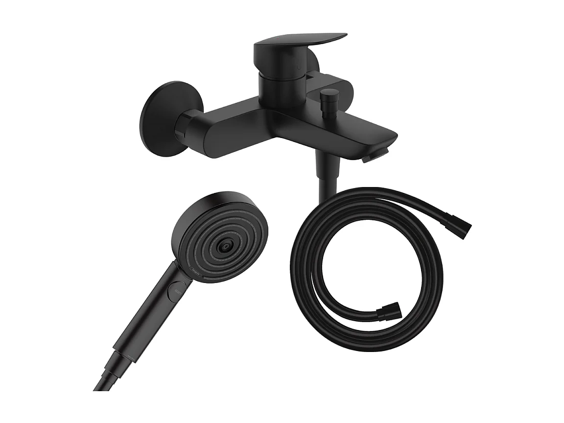 Pack mitigeur bain douche HANSGROHE Logis + Flexible Isiflex + Pommeau HANSGROHE Pulsify Select 105 3 jets noir mat