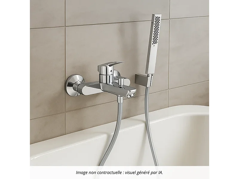 Pack mitigeur bain douche mécanique HANSGROHE Logis + Flexible Isiflex + Pommeau HANSGROHE Pulsify E 100 EcoSmart chromé