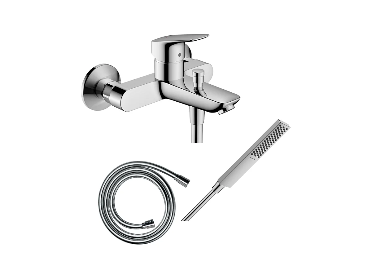 Pack mitigeur bain douche mécanique HANSGROHE Logis + Flexible Isiflex + Pommeau HANSGROHE Pulsify E 100 EcoSmart chromé