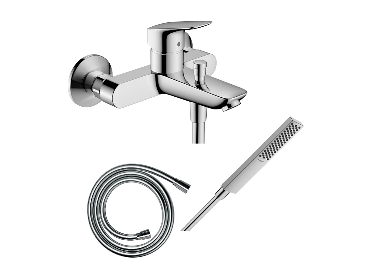 Pack mitigeur bain douche mécanique HANSGROHE Logis + Flexible Isiflex + Pommeau HANSGROHE Pulsify E 100 EcoSmart chromé