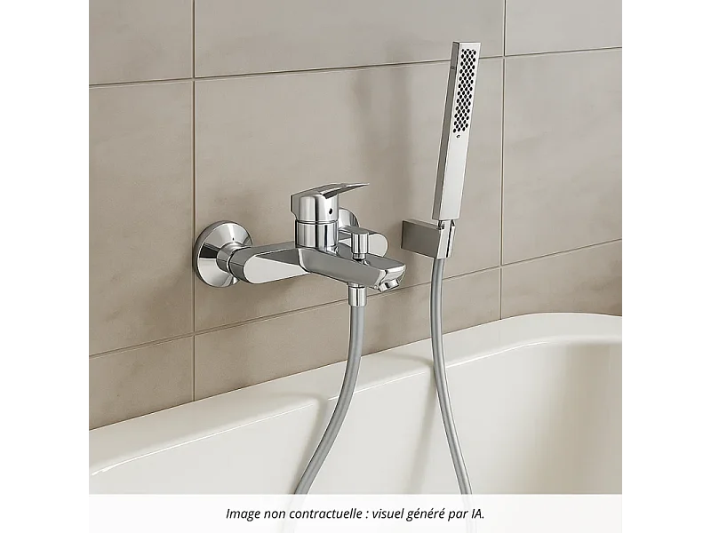 Pack mitigeur bain douche mécanique HANSGROHE Logis + Flexible Isiflex + Pommeau HANSGROHE Pulsify E 100 EcoSmart chromé