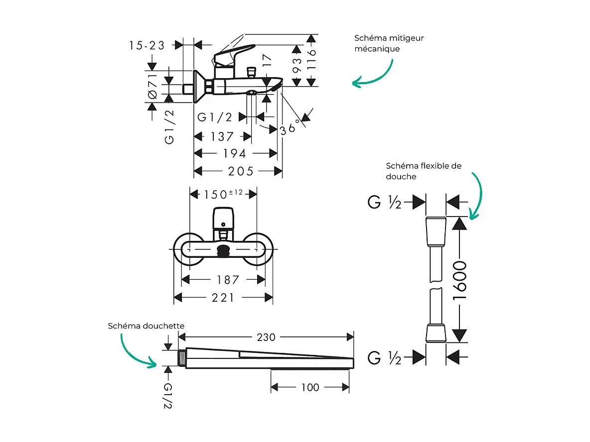 Pack mitigeur bain douche mécanique HANSGROHE Logis + Flexible Isiflex + Pommeau HANSGROHE Pulsify E 100 EcoSmart chromé
