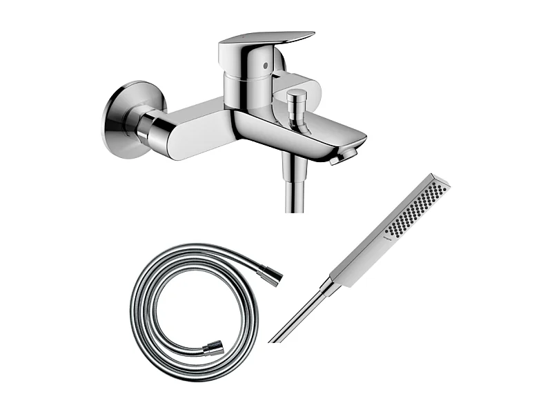 Pack mitigeur bain douche mécanique HANSGROHE Logis + Flexible Isiflex + Pommeau HANSGROHE Pulsify E 100 EcoSmart chromé
