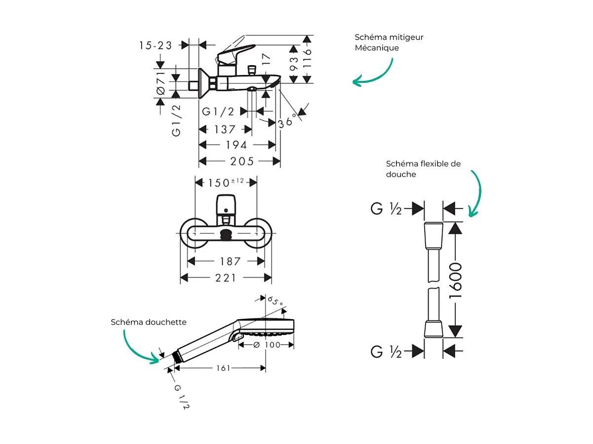 Pack mitigeur bain douche HANSGROHE Logis + Flexible Designflex + Pommeau HANSGROHE Vernis Blend 100 Vario noir mat