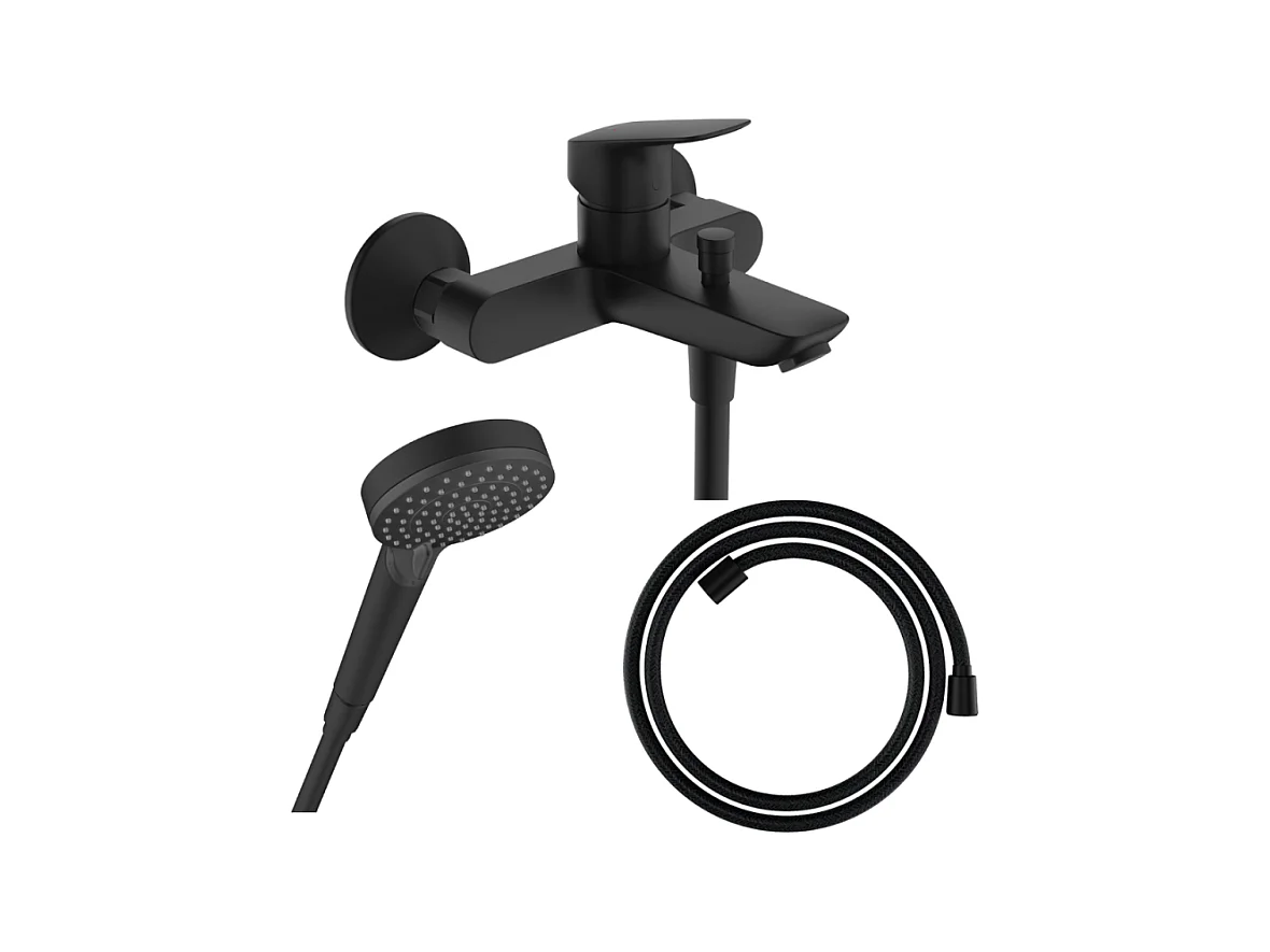 Pack mitigeur bain douche HANSGROHE Logis + Flexible Designflex + Pommeau HANSGROHE Vernis Blend 100 Vario noir mat