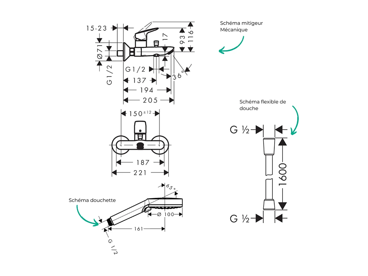 Pack mitigeur bain douche HANSGROHE Logis + Flexible Designflex + Pommeau HANSGROHE Vernis Blend 100 Vario noir mat