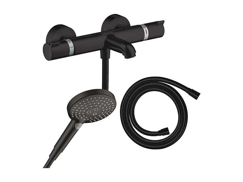 Pack mitigeur bain douche thermostatique HANSGROHE Ecostat Comfort + Flexible Isiflex + Pommeau Raindance Select 3jets noir mat