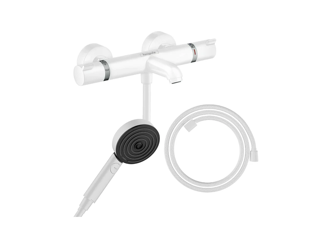 Pack mitigeur bain douche thermostatique HANSGROHE Ecostat Comfort + Flexible Designflex + Pommeau Pulsify 3jets Relaxation blanc