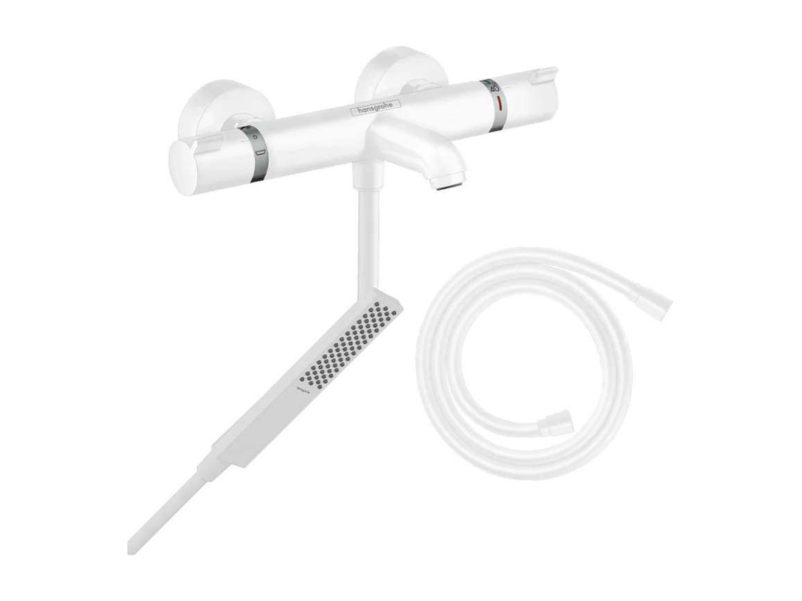 Pack mitigeur bain douche thermostatique HANSGROHE Ecostat Comfort + Flexible Isiflex + Pommeau Pulsify E blanc mat