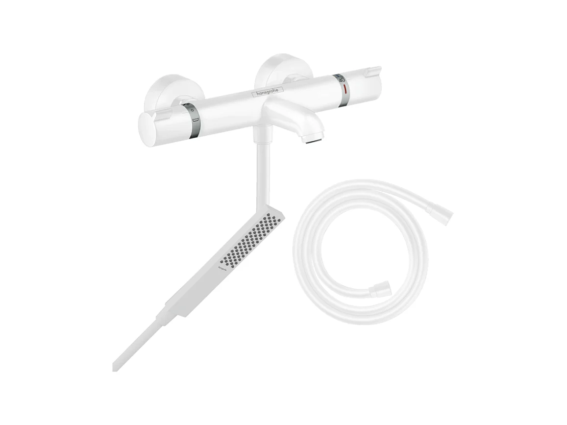 Pack mitigeur bain douche thermostatique HANSGROHE Ecostat Comfort + Flexible Isiflex + Pommeau Pulsify E blanc mat