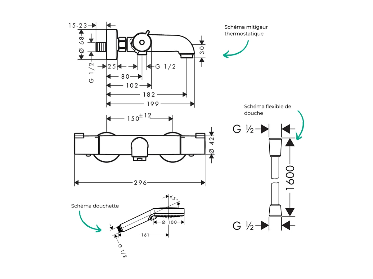 Pack mitigeur bain thermostatique HANSGROHE Ecostat 1001CL + Flexible Isiflex + Pommeau Vernis Blend 100 EcoSmart 2jets chromé
