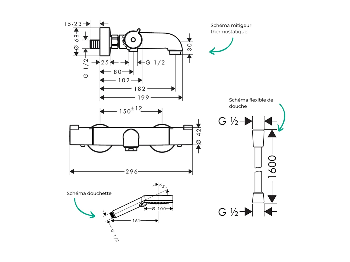 Pack mitigeur bain thermostatique HANSGROHE Ecostat 1001CL + Flexible Isiflex + Pommeau Vernis Blend 100 EcoSmart 2jets chromé