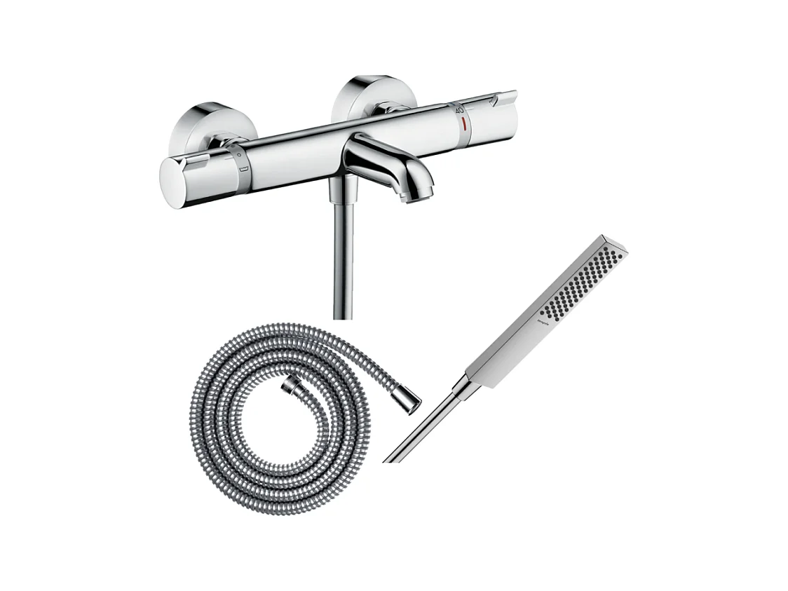 Pack mitigeur bain thermostatique HANSGROHE Ecostat Comfort + Flexible Metaflex 1,6m + Pommeau Pulsify E 100 EcoSmart chromé