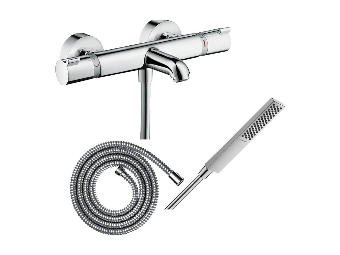 Pack mitigeur bain thermostatique HANSGROHE Ecostat Comfort + Flexible Metaflex 1,6m + Pommeau Pulsify E 100 EcoSmart chromé