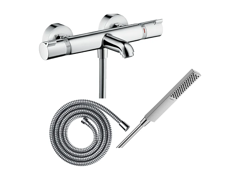 Pack mitigeur bain thermostatique HANSGROHE Ecostat Comfort + Flexible Metaflex 1,6m + Pommeau Pulsify E 100 EcoSmart chromé