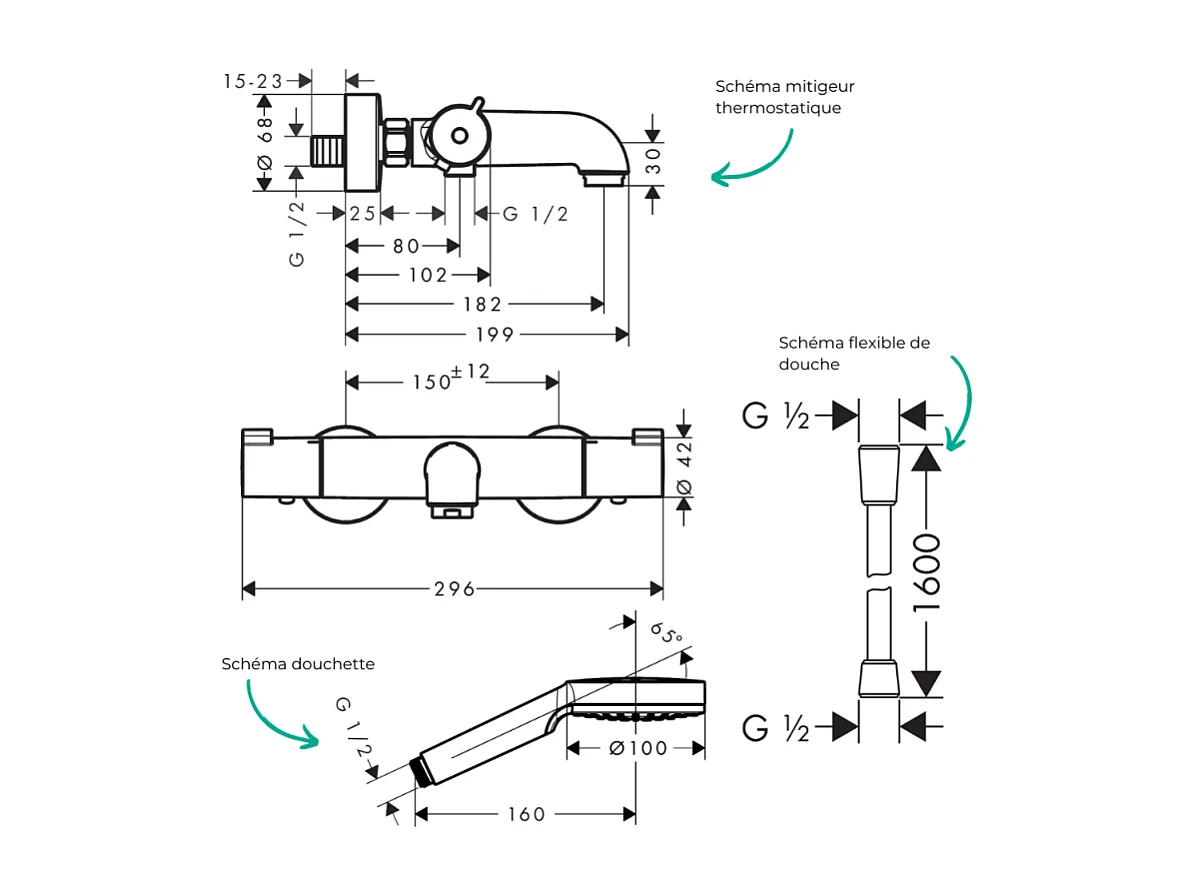 Pack mitigeur bain thermostatique HANSGROHE Ecostat 1001CL + Flexible Isiflex + Pommeau Vernis Blend 100 EcoSmart 1jet chromé