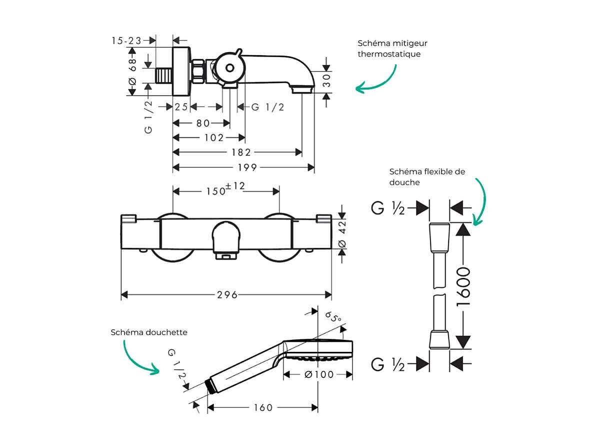 Pack mitigeur bain thermostatique HANSGROHE Ecostat 1001CL + Flexible Isiflex + Pommeau Vernis Blend 100 EcoSmart 1jet chromé