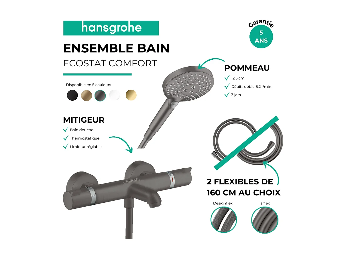 Pack mitigeur bain douche thermostatique HANSGROHE Ecostat Comfort + Flexible Designflex + Pommeau Raindance Select 3jets noir