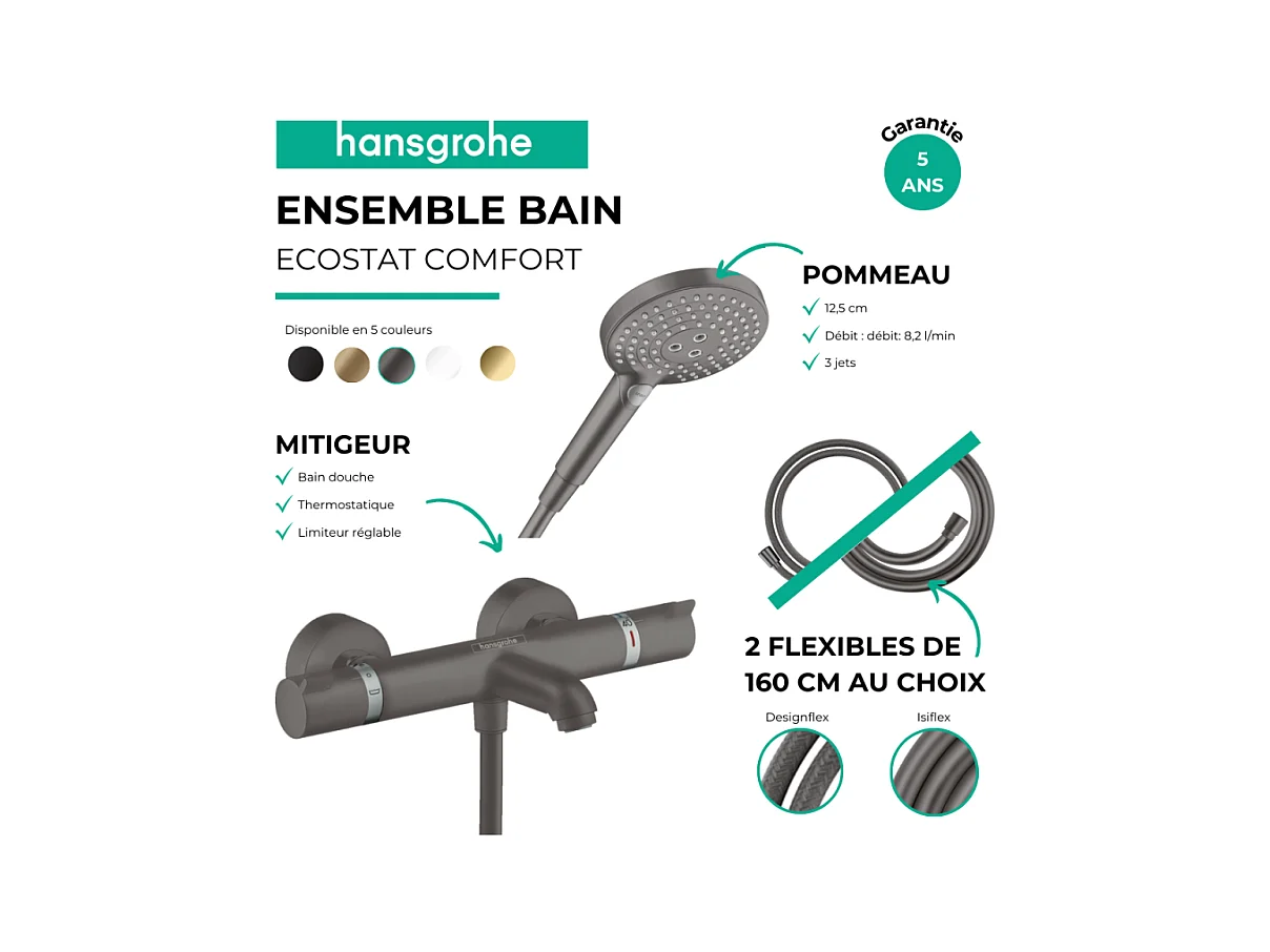 Pack mitigeur bain douche thermostatique HANSGROHE Ecostat Comfort + Flexible Designflex + Pommeau Raindance Select 3jets noir
