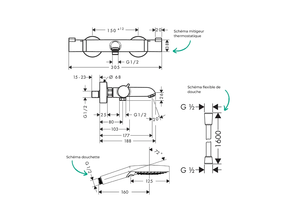 Pack mitigeur bain douche thermostatique HANSGROHE Ecostat Comfort + Flexible Designflex + Pommeau Raindance Select 3jets noir