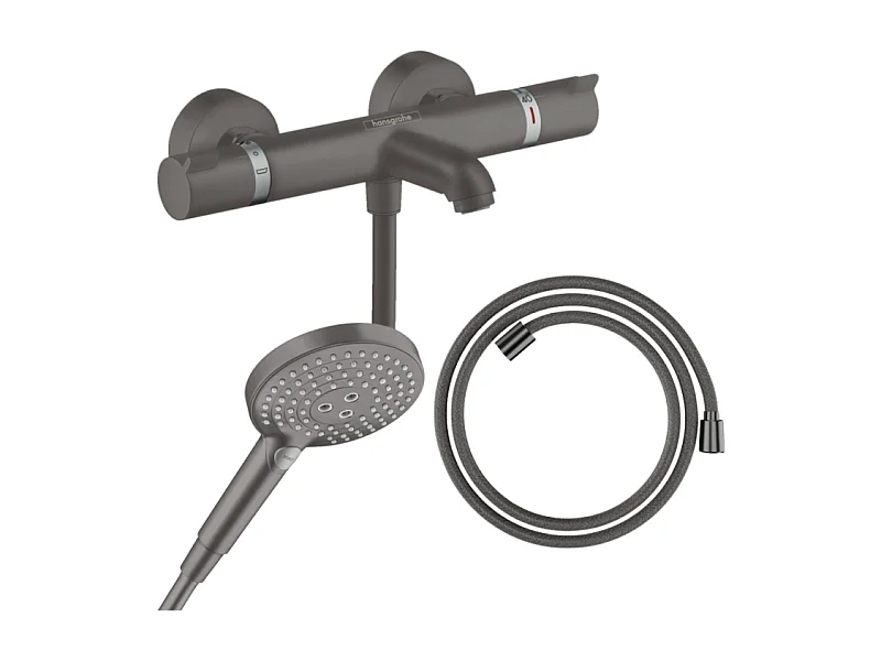 Pack mitigeur bain douche thermostatique HANSGROHE Ecostat Comfort + Flexible Designflex + Pommeau Raindance Select 3jets noir