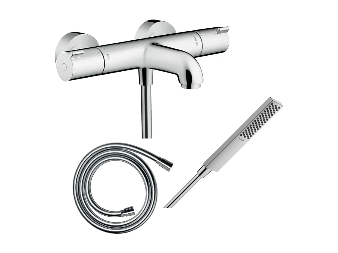 Pack mitigeur bain thermostatique HANSGROHE Ecostat 1001CL + Flexible Isiflex + Pommeau HANSGROHE Pulsify E 100 EcoSmart chromé