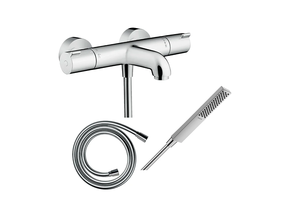 Pack mitigeur bain thermostatique HANSGROHE Ecostat 1001CL + Flexible Isiflex + Pommeau HANSGROHE Pulsify E 100 EcoSmart chromé