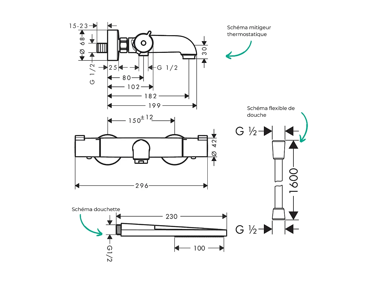 Pack mitigeur bain thermostatique HANSGROHE Ecostat 1001CL + Flexible Isiflex + Pommeau HANSGROHE Pulsify E 100 EcoSmart chromé