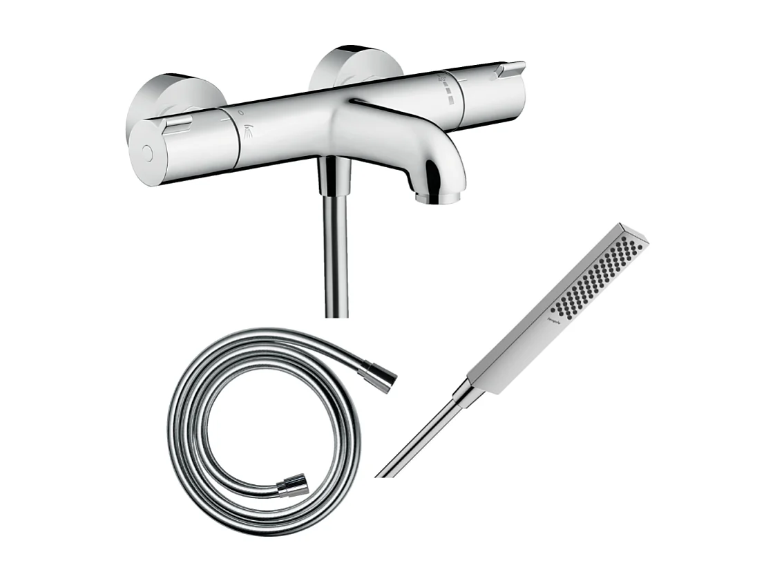 Pack mitigeur bain thermostatique HANSGROHE Ecostat 1001CL + Flexible Isiflex + Pommeau HANSGROHE Pulsify E 100 EcoSmart chromé