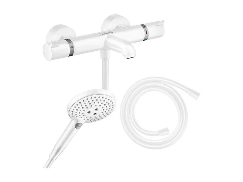 Pack mitigeur bain douche thermostatique HANSGROHE Ecostat Comfort + Flexible Isiflex + Pommeau Raindance Select 3jets blanc mat