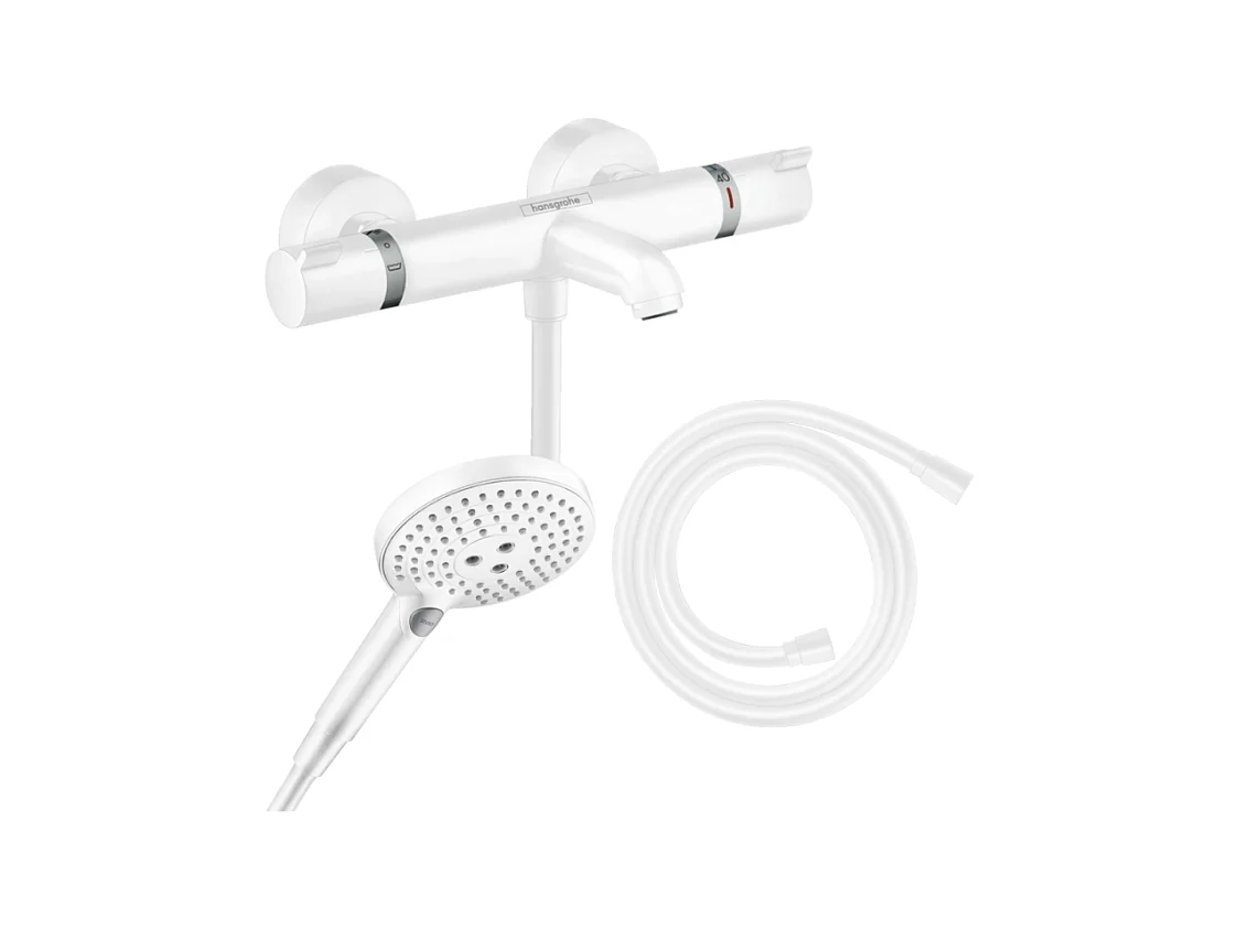 Pack mitigeur bain douche thermostatique HANSGROHE Ecostat Comfort + Flexible Isiflex + Pommeau Raindance Select 3jets blanc mat