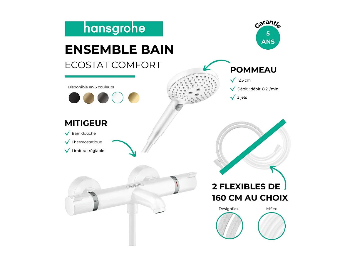 Pack mitigeur bain douche thermostatique HANSGROHE Ecostat Comfort + Flexible Isiflex + Pommeau Raindance Select 3jets blanc mat