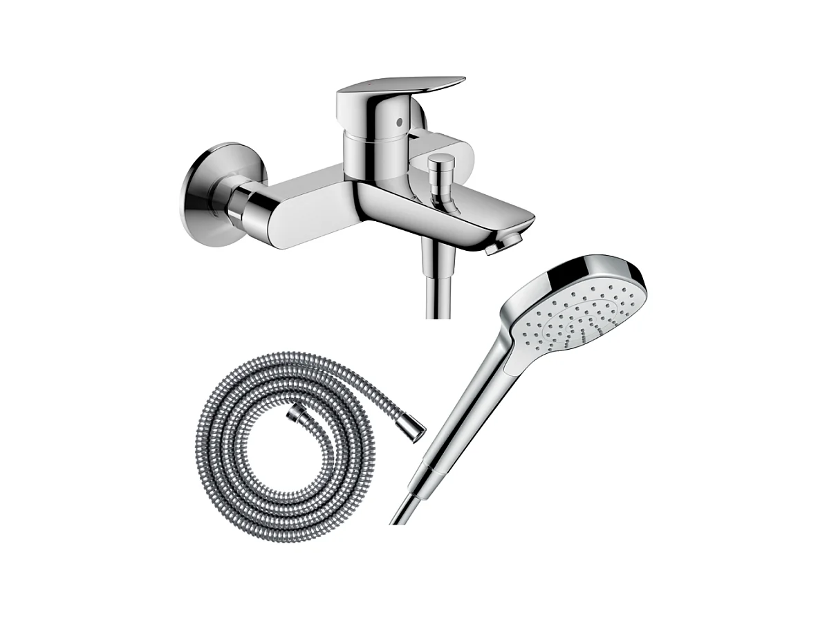 Pack mitigeur bain douche mécanique HANSGROHE Logis + Flexible Metaflex + Pommeau Croma Select E EcoSmart blanc/chromé