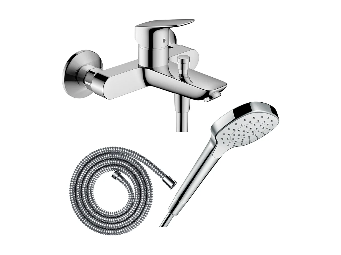 Pack mitigeur bain douche mécanique HANSGROHE Logis + Flexible Metaflex + Pommeau Croma Select E EcoSmart blanc/chromé