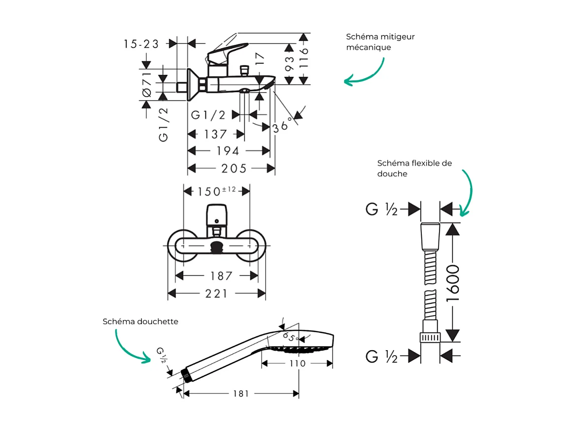 Pack mitigeur bain douche mécanique HANSGROHE Logis + Flexible Metaflex + Pommeau Croma Select E EcoSmart blanc/chromé