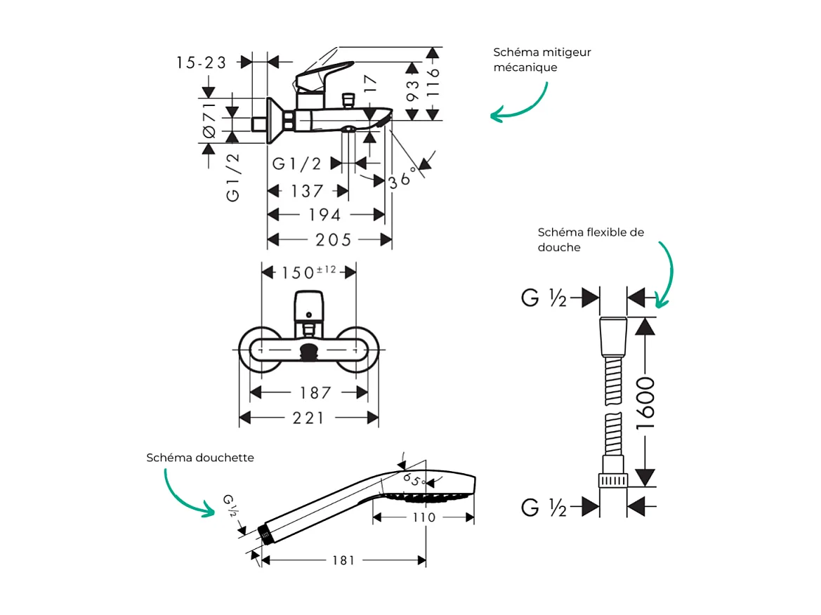 Pack mitigeur bain douche mécanique HANSGROHE Logis + Flexible Metaflex + Pommeau Croma Select E EcoSmart blanc/chromé