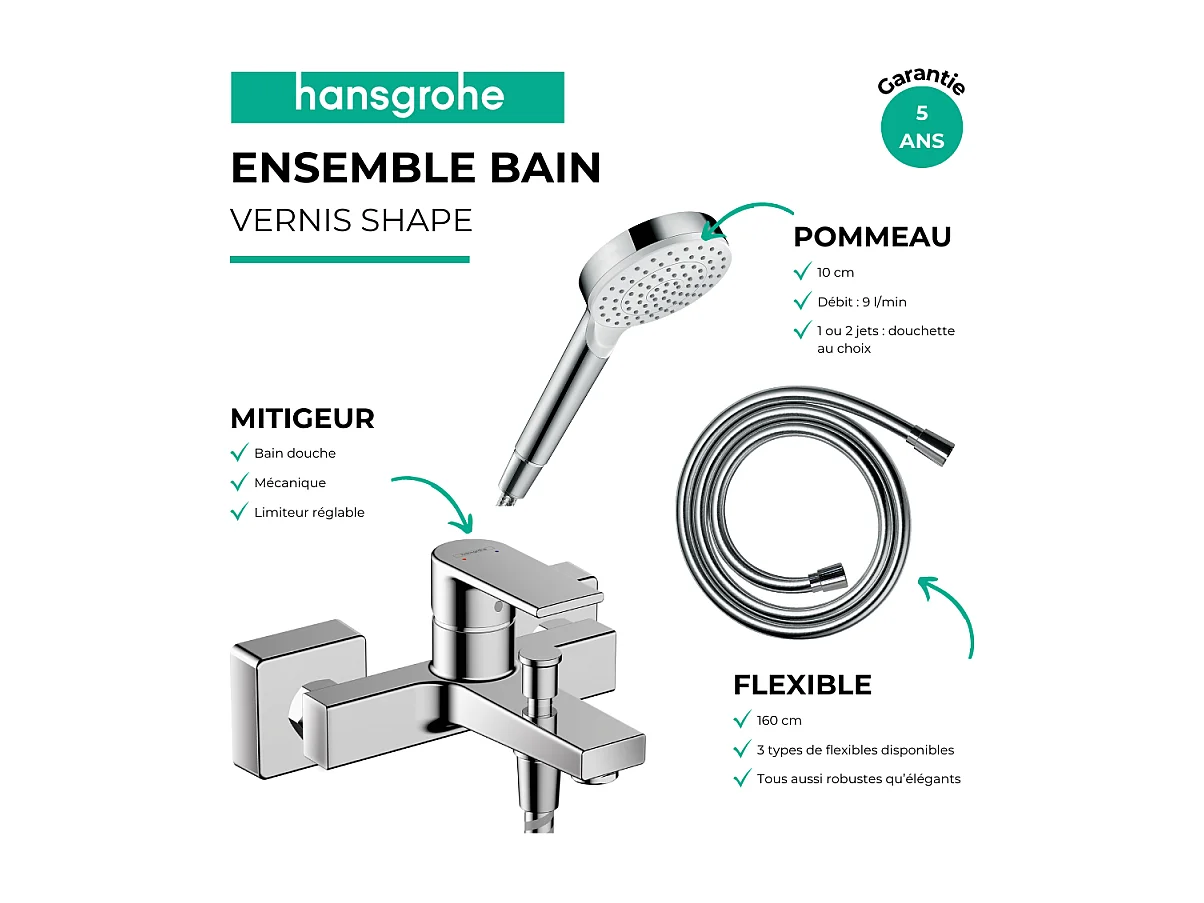 Pack mitigeur bain mécanique HANSGROHE Vernis Shape C2 + Flexible Designflex + Pommeau Vernis Blend 100 EcoSmart 1jet chromé