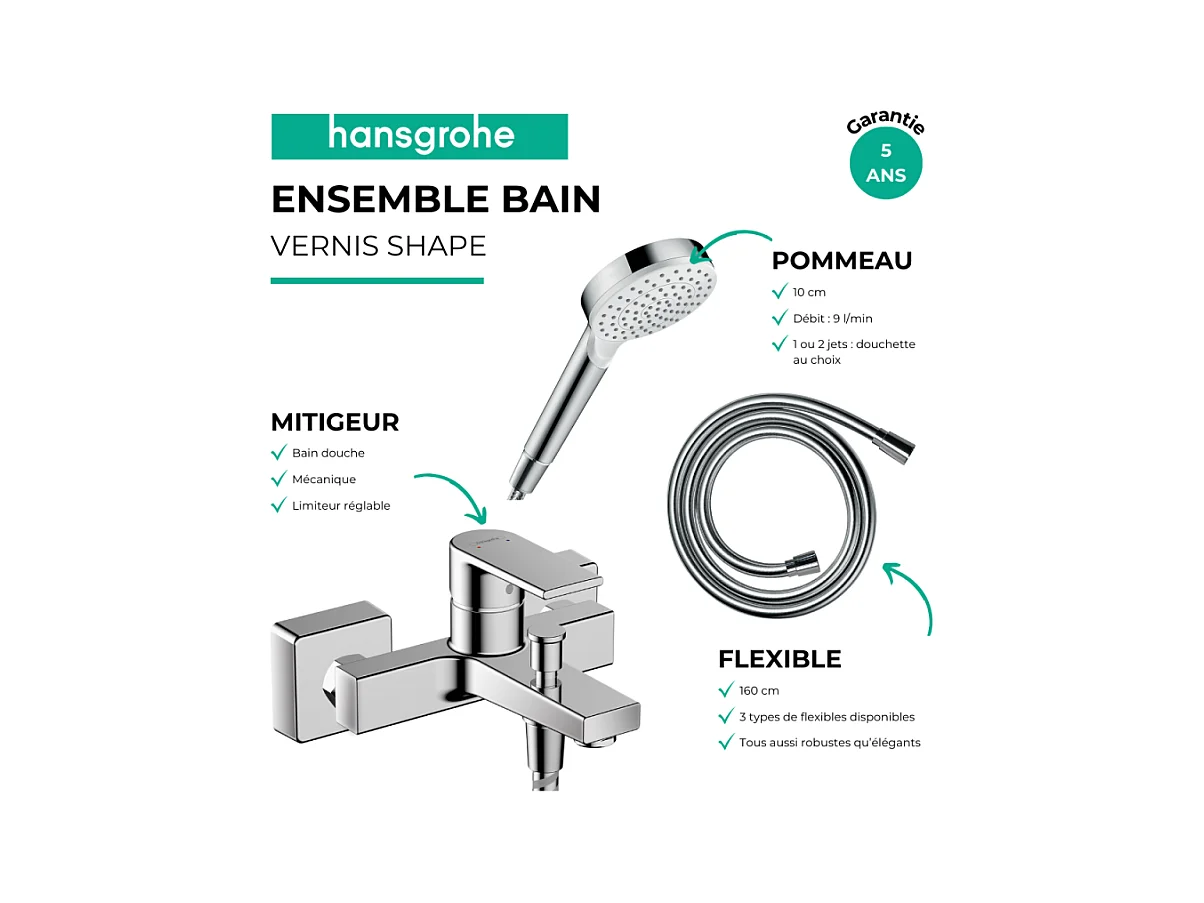 Pack mitigeur bain mécanique HANSGROHE Vernis Shape C2 + Flexible Designflex + Pommeau Vernis Blend 100 EcoSmart 1jet chromé