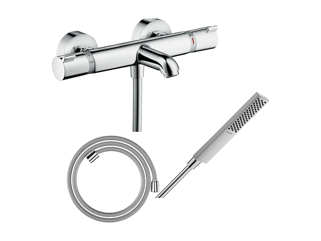 Pack mitigeur bain thermostatique HANSGROHE Ecostat Comfort + Flexible Designflex 1,6m + Pommeau Pulsify E 100 EcoSmart chromé