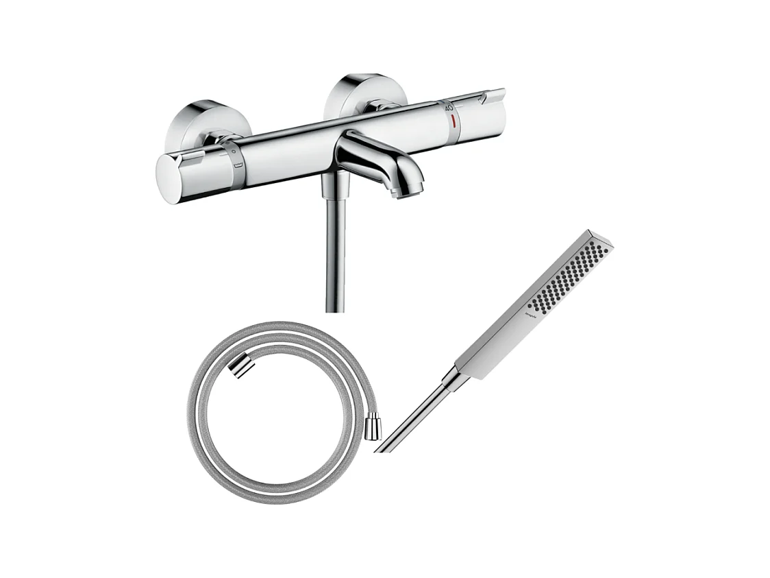 Pack mitigeur bain thermostatique HANSGROHE Ecostat Comfort + Flexible Designflex 1,6m + Pommeau Pulsify E 100 EcoSmart chromé