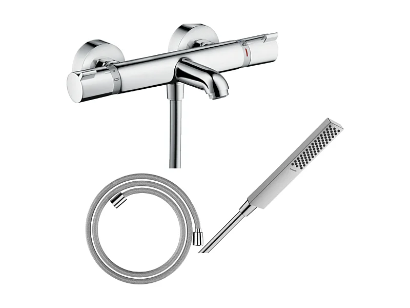 Pack mitigeur bain thermostatique HANSGROHE Ecostat Comfort + Flexible Designflex 1,6m + Pommeau Pulsify E 100 EcoSmart chromé