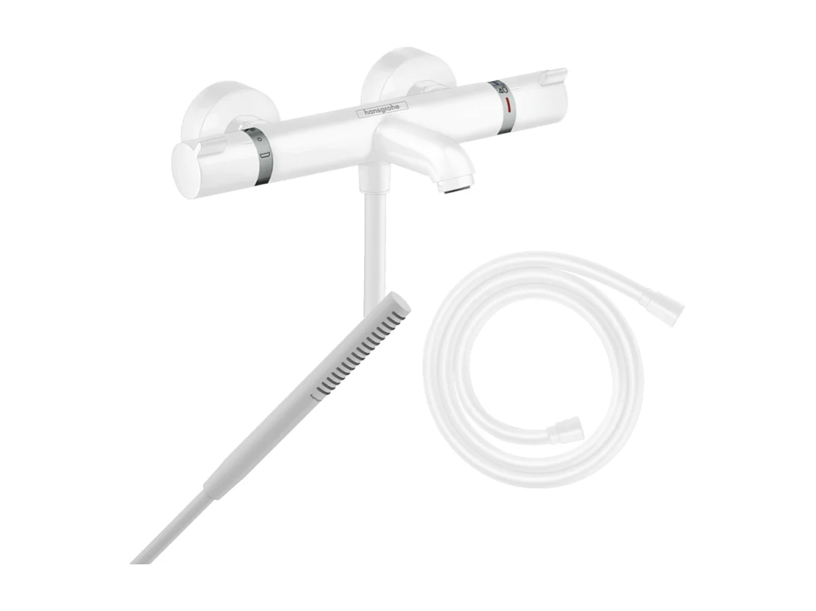 Pack mitigeur bain douche thermostatique HANSGROHE Ecostat Comfort  + Flexible Isiflex + Pommeau Pulsify S blanc mat