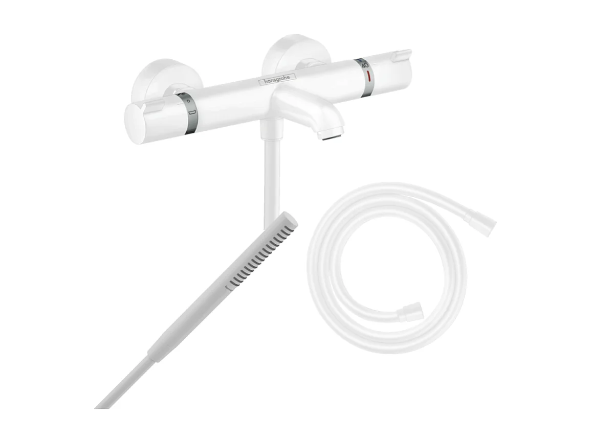 Pack mitigeur bain douche thermostatique HANSGROHE Ecostat Comfort  + Flexible Isiflex + Pommeau Pulsify S blanc mat