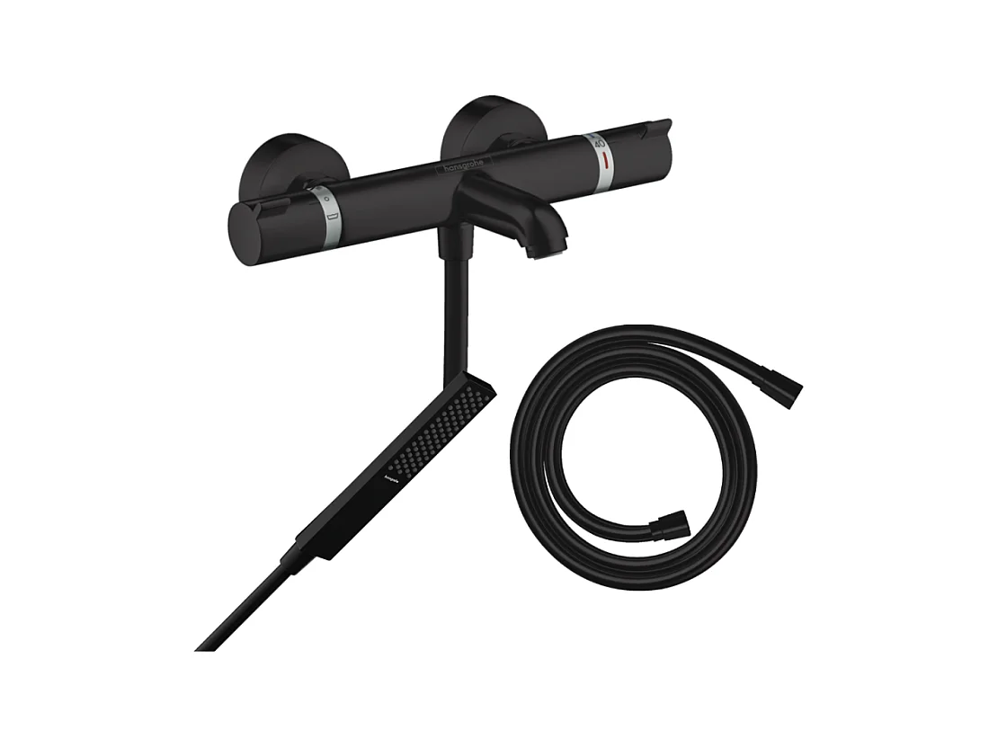 Pack mitigeur bain douche thermostatique HANSGROHE Ecostat Comfort + Flexible Isiflex + Pommeau Pulsify E noir mat