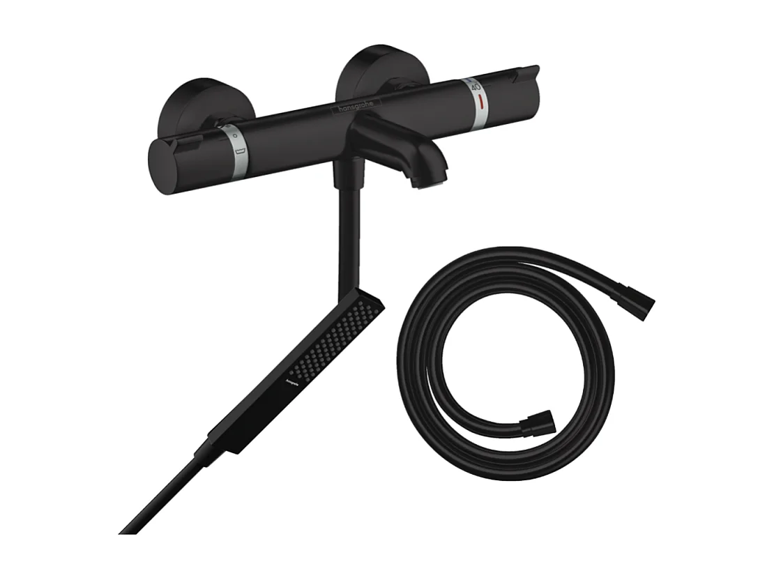 Pack mitigeur bain douche thermostatique HANSGROHE Ecostat Comfort + Flexible Isiflex + Pommeau Pulsify E noir mat