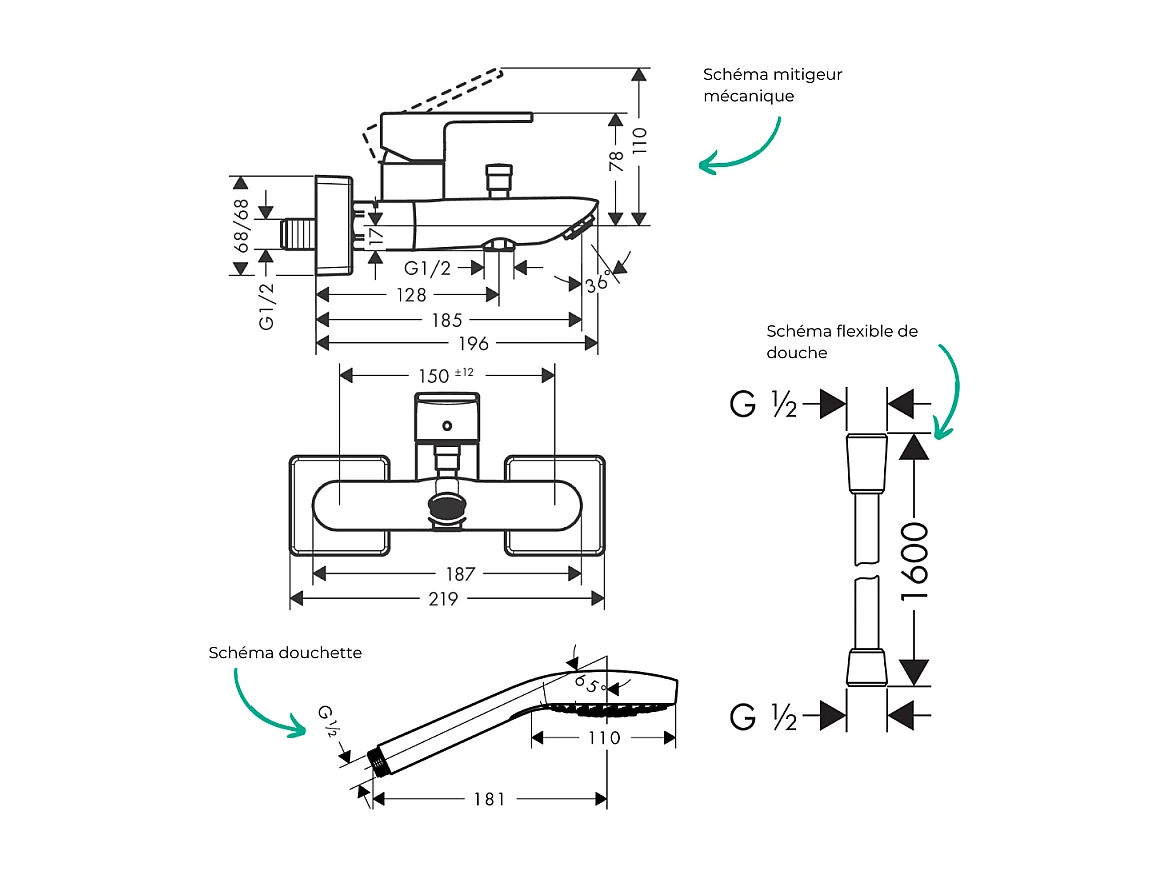 Pack mitigeur bain douche mécanique HANSGROHE Vernis Shape C2 + Flexible Isiflex + Pommeau Croma Select E EcoSmart blanc/chromé