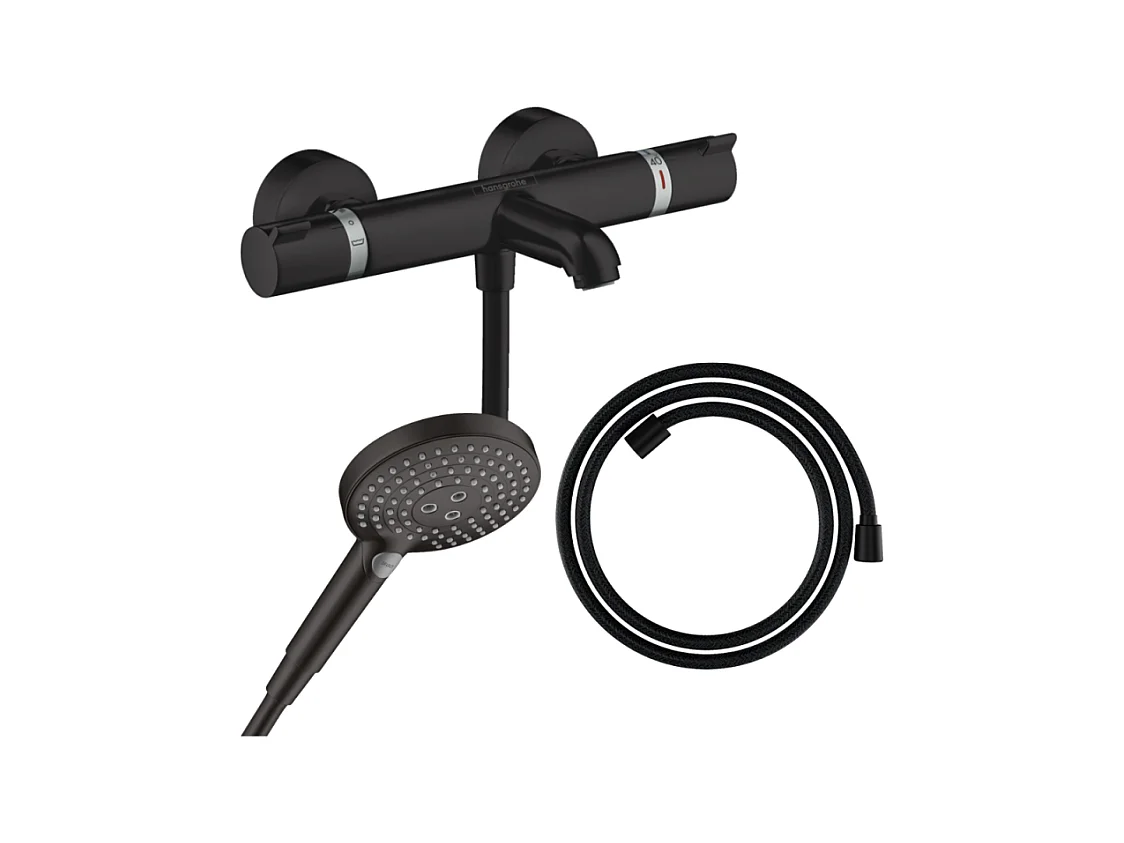 Pack mitigeur bain douche thermostatique HANSGROHE Ecostat Comfort + Flexible Designflex + Pommeau Raindance Select 3jets noir mat