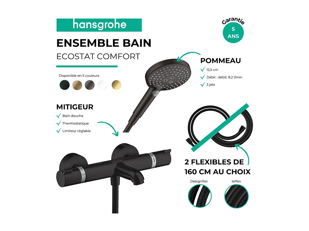 Pack mitigeur bain douche thermostatique HANSGROHE Ecostat Comfort + Flexible Designflex + Pommeau Raindance Select 3jets noir mat