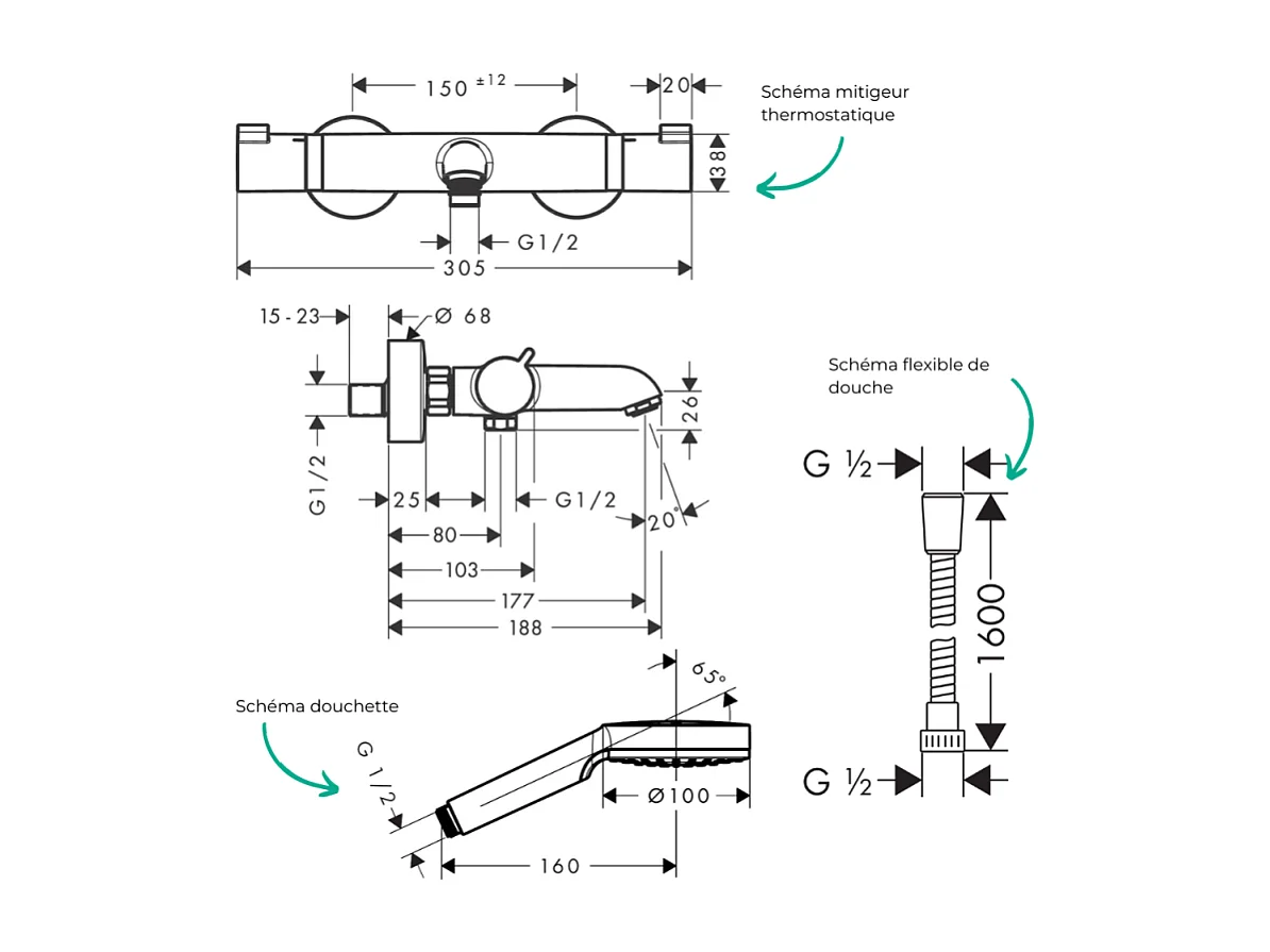 Pack mitigeur bain thermostatique HANSGROHE Ecostat Comfort + Flexible Metaflex 1,6m + Pommeau Vernis Blend EcoSmart chromé