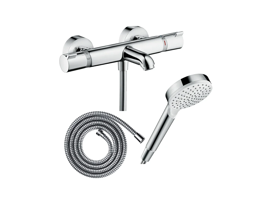 Pack mitigeur bain thermostatique HANSGROHE Ecostat Comfort + Flexible Metaflex 1,6m + Pommeau Vernis Blend EcoSmart chromé
